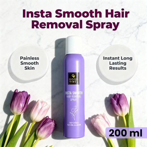 Buy Good Vibes Insta Smooth Hair Removal Spray | 5 Min Painless Hair Removal | Enriched with Tulip Extract, Aloe Vera & Allantoin | Gentle on Skin, Removes Hair from Root | Body | No Darkening, No Cuts | Smooth, Soft & Nourished Skin 200 ml-Purplle