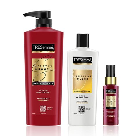 Buy TRESemme Keratin Smooth Hair care Combo ( TRESemme Keratin Smooth Shampoo (580 ml) + Tresemme Keratin Smooth Conditioner (190 ml) + Tresemme Keratin Smooth Hair Serum (50 ml) )-Purplle