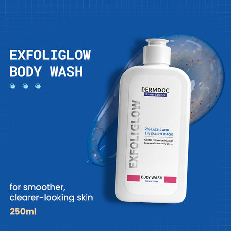 Buy DERMDOC ExfoliGlow Body Wash with 2% Lactic Acid (AHA) & 1% Salicylic Acid (BHA) | Gently Exfoliates | Clears Clogged Pores | Removes Dead Skin | Fades Dark Spots | Hydrates | Smoothens Texture | Brightens & Refreshes Skin 250 ml-Purplle