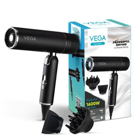Buy Vega Style Pro 1600W Foldable Hair Dryer with 2X Faster Drying, 3 Heat and 2 Speed Settings, Concentrator Nozzle & Diffuser, Hair Dryer for Men and Women (VHDH-34) 1 pc-Purplle