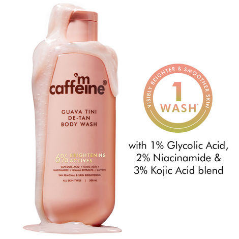 Buy mCaffeine Detan Body Wash | 1% Glycolic, 2% Niacinamide, 3% Kojic Acid-Glutathione blend | Reduces Dark Spots & Brightens Skin | Tangy Guava- 300 ml-Purplle