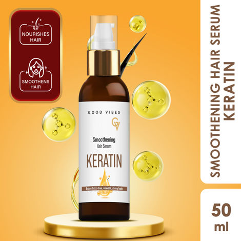 Buy Good Vibes Keratin Smoothening Hair Serum with Keratin & Almond Oil | Reduces Frizz & Smoothens Hair | Adds Shine & Softness | Nourishing & Lightweight Formula | For Frizz-Free, Silky Hair – 50 ml-Purplle