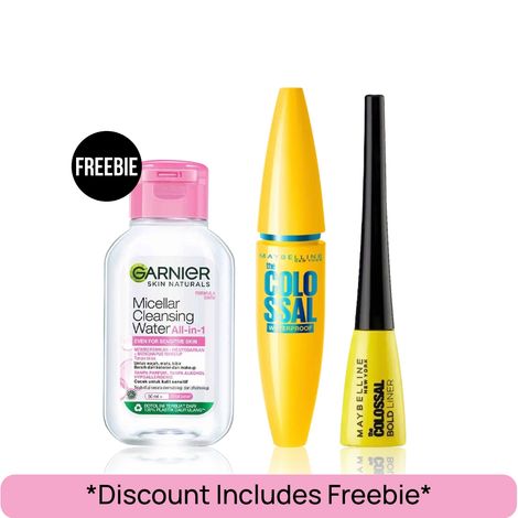 Buy Maybelline Bold Eye Bash Kit | Maybelline Colossal Waterproof Mascara Black (10 ml) | Maybelline Colossal Bold Eyeliner Black (3 ml) | Garnier Micellar Water (50 ml) Makeup Kit, Combo of 3-Purplle