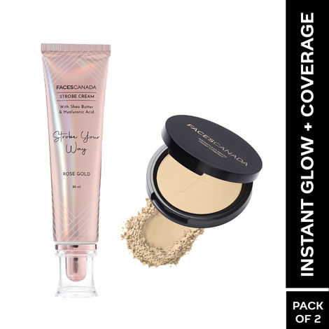 Buy FACES CANADA Instant Glow +  Coverage Combo - Weightless Stay Matte Finish Compact - Ivory 01 (9 gm) + Strobe Cream - Rose Gold (30 ml) | Highlighter Glow | Waterproof & Smudgeproof-Purplle
