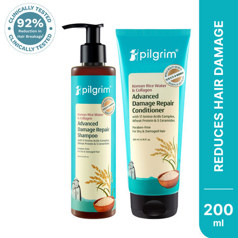 Buy Pilgrim Korean Rice Water & Collagen Advanced Damage Repair Shampoo + Conditioner |  Hair Fall Control, Soft & Silky Hair | 400 ml, Haircare Kit Combo of 2-Purplle