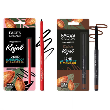 Buy FACES CANADA Magnet Eyes Black (0.35g) + Brown Kajal (0.30g) Combo | Highly Pigmented Kohl | 12 Hr Long Stay | Matte Finish | Single Stroke Glide | Waterproof, Smudgeproof & Fadeproof | Enriched With Almond Oil & Vitamin E-Purplle