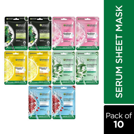 Buy Garnier Skin Naturals Face Serum Sheet Mask Pack of 10 (2 each of Bright Complete vitamin c , Charcoal, Saruka, Green Tea and Hydrabomb), 280 gm-Purplle