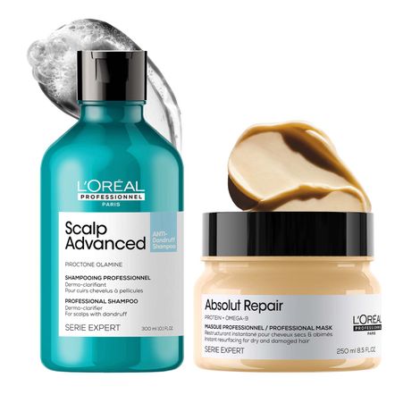 Buy L'Oreal Professionnel Scalp Advanced Anti-Dandruff Dermo-Clarifier Shampoo + Serie Expert Absolut Repair Mask | With Piroctone Olamine (300 ml + 250 gm) Combo of 2-Purplle