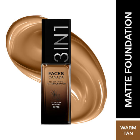 Buy FACES CANADA All Day Hydra Matte Foundation | 3-in-1 Foundation + Moisturizer + SPF 30 | 24 HR Aloe Hydration & Vitamin C | 10HR Long Wear | Medium to High Buildable Coverage | Warm Tan 051 | 30 ml-Purplle