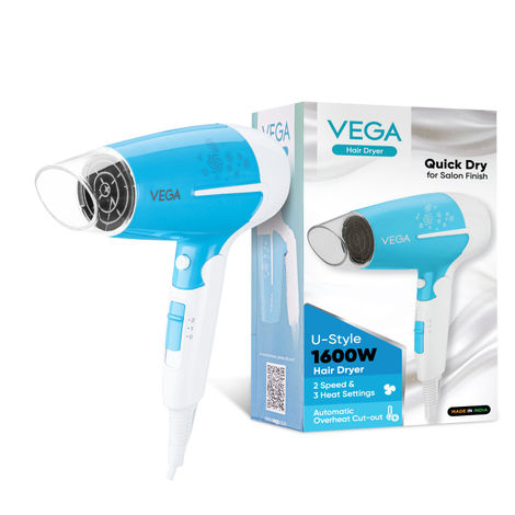 Buy VEGA U Style 1400-1600W Foldable Hair Dryer for Women & Men with Cool Shot Button, 2 Speed/3 Heat Settings, Detachable Nozzle, Travel Friendly, Fast Hair Drying, (VHDH-32) 1 pc-Purplle