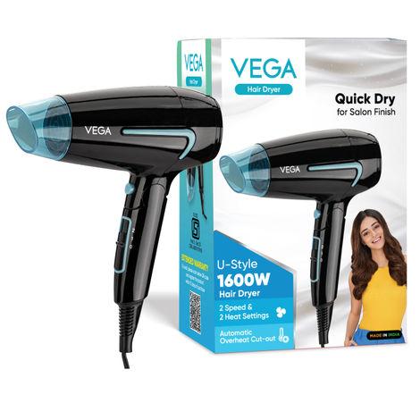 Buy VEGA U Style 1400-1600W Foldable Hair Dryer for Women & Men with Cool Shot Button, 2 Speed/Heat Settings, Detachable Nozzle, Blow Dryer, Travel Friendly, Fast Hair Drying, Compact Hair Dryer (VHDH-24) 1 pc-Purplle