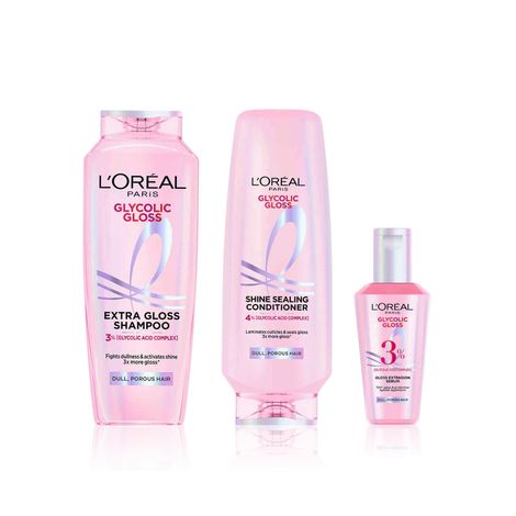 Buy L'Oreal Paris Gloss-Enhancing Hair Kit | 3-Step System for Dull Hair | Powered by Glycolic Acid |Shampoo 340 ml + Conditioner 340 ml + Leave-In Serum 40 ml, Combo of 3-Purplle