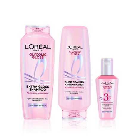 Buy L'Oreal Paris Gloss Restoring Trio | Powered by Glycolic Acid |Shampoo 340 ml + Conditioner 340 ml + Serum 80 ml, Combo of 3-Purplle