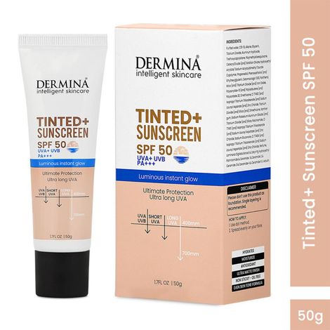 Buy Dermina Tinted+ Sunscreen SPF 50, UVA+ UVB PA+++ For Ultimate Protection & Luminous Instant Glow, All Skin, 50 gm-Purplle