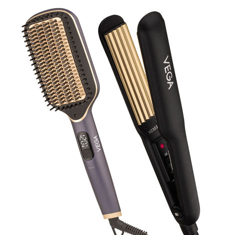 Buy Vega LitStyle Hair Straightening Brush & Crimper Combo | LitStyle L1 Hair Straightening Brush (VHSB-06) & Classic Hair Crimper (VHCR-01) Combo of 2-Purplle