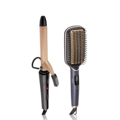 Buy Vega LitStyle Hair Straightening Brush & Curler Combo | LitStyle L1 Hair Straightening Brush (VHSB-06) & Ease Curl 19 mm Barrel Hair Curler (VHCH-01) Combo of 2-Purplle