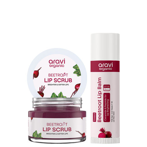 Buy Aravi Organic Lip Brightening Combo | Beetroot Lip Scrub + Tinted Lip Balm SPF 50 PA+++ | Exfoliates Dark Lips, Adds Natural Tint & Sun Protection | Hydrating Lip Care for Men & Women (Pack Of 2)-Purplle