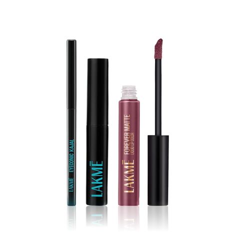 Buy Lakme Makeup Trio (Forever Matte Liquid Lip Colour - Mauve Ecstasy (5.6 ml) + Eyeconic Kajal Deep Black (0.35 gm) + 9 to 5 Eyeconic Liquid Eyeliner | Smudgeproof |Waterproof | Lasts upto 24 Hrs | Black |(4.5 ml)) Combo of 3-Purplle