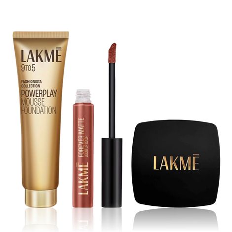 Buy Lakme Festive Combo ( 9 To 5 Powerplay Matte Mousse Foundation - Beige Vanilla 02 (6 gm) + FOREVER MATTE COMPACT Natural Shell (9 gm) + Forever Matte Liquid Lip Colour Nude Hue (5.6 ml)) Combo of 3-Purplle