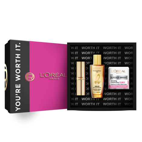 Buy L'Oreal Paris Worth It Festive Favourites Gift, Set of 3 - &nbsp;Color Riche Satin Lipstick - 570, 5 ml +&nbsp; Extraordinary Oil Hair Serum, 30 ml + Glycolic Bright Glowing Cream SPF 30, 15 ml-Purplle