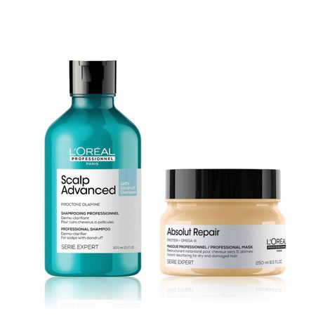 Buy L'Oreal Professionnel Scalp Advanced Anti-Dandruff Dermo-Clarifier Shampoo + Serie Expert Absolut Repair Mask | With Piroctone Olamine (300 ml + 250 gm) Combo of 2, Haircare kit-Purplle