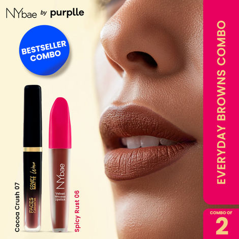 Buy NY Bae X Faces Canada Everyday Brown Combo | NY Bae Velvet Mousse Liquid Lipstick - Spicy Rust 06 (6.5 ml) | FACES CANADA Comfy Matte Wow Liquid Lipstick - Cocoa Crush 07 (3.8 ml) | Highly Pigmented| Smudgeproof | Moisturising Lipsticks-Purplle