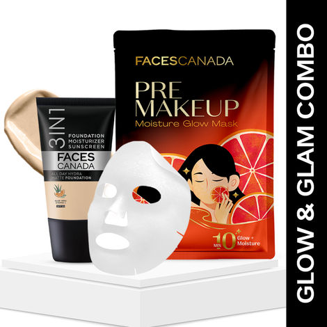 Buy FACES CANADA Glow & Glam Combo | Hydra Matte Foundation Mini - Absolute Ivory 012 (18 ml) + Pre-Makeup Moisture Glow Sheet Mask (20 gm) | Hydrating & Lightweight | Flawless Makeup Base-Purplle