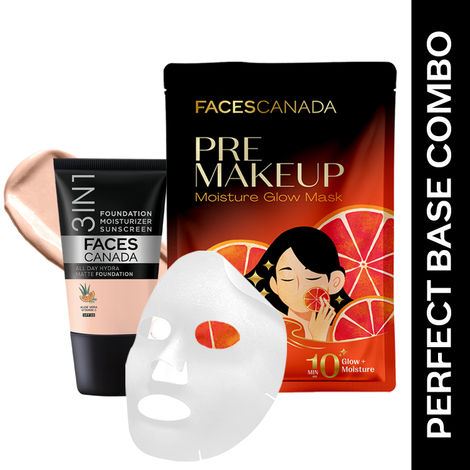 Buy FACES CANADA Perfect Base Combo | Hydra Matte Foundation Mini - Rose Ivory 011 (18 ml) + Pre-Makeup Moisture Glow Sheet Mask (20 gm) | Hydrating & Lightweight | Flawless Makeup Base-Purplle