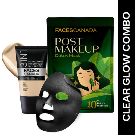 Buy Faces Canada Clear Glow Combo - All Day Hydra Matte Foundation Mini | Absolute Ivory 012, 18 ml + Post-Makeup Detox Sheet Mask (25 gm)-Purplle