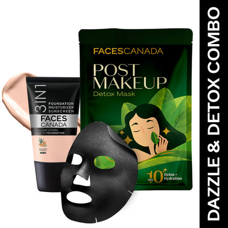 Buy Faces Canada Dazzle & Detox Combo - All Day Hydra Matte Foundation Mini | Rose Ivory 011, 18 ml + Post-Makeup Detox Sheet Mask (25 gm)-Purplle
