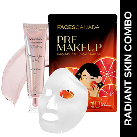 Buy FACES CANADA Radiant Skin Combo | Strobe Cream - Rose Gold (30 ml) + Pre-Makeup Moisture Glow Sheet Mask (20 gm) | Highlighter | Glowing Skin | Hydrating | Flawless Makeup Base-Purplle