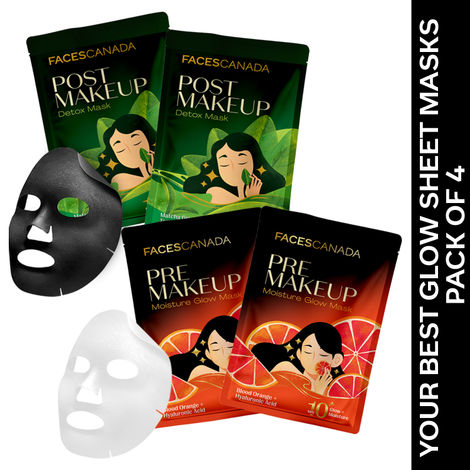 Buy FACES CANADA Your Best Glow Sheet Masks - Pack of 4 | Pre-Makeup Moisture Glow Sheet Mask (2 x 20 gm) + Post-Makeup Detox Sheet Mask (2 x 25 gm) | Hydrates & Cleanses Skin | Gives Glowy & Flawless Makeup Base-Purplle