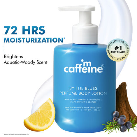 Buy mCaffeine By the Blues Perfume Body Lotion For Brightening | 5% Niacinamide & Glutathione De-tans | Aquatic-Woody Scent | 72Hrs Moisturization - 300 ml-Purplle