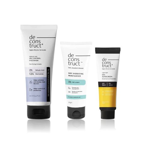 Buy Deconstruct Oil Control Acne Kit | Salicylic Acid Face Wash (100 ml) + Oil-Free Moisturizer (30 gm) + Gel Sunscreen (30 gm)-Purplle