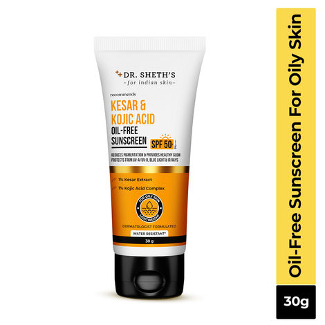 Buy Dr. Sheth's Kesar & Kojic Acid Oil-Free Sunscreen SPF 50+ PA++++|Clinically Tested- (In -Vivo | Reduces Pigmentation & Provides Healthy Glow | For Oily Skin | Lightweight, Non Greasy | UVA/UVB & Blue Light & IR Protection | No white cast | 30 gm-Purplle