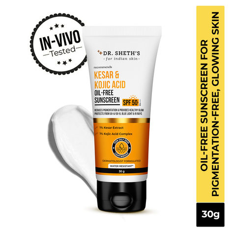 Buy Dr. Sheth's Kesar & Kojic Acid Oil-Free Sunscreen SPF 50+ Pa++++ |In-Vivo Tested | For Pigmentation-Free Skin | Lightweight & Non Greasy | For UVA/UVB & Blue Light & IR Protection | No White Cast | For Oily Skin | For Men & Women | 30 gm-Purplle