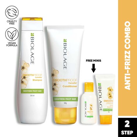 Buy Biolage Smoothproof Smooth Hair Kit – Shampoo 200 ml, Conditioner 98 ml, Mini Shampoo 30 ml, Mini Conditioner 20 ml, Frizz Control, Salon Results-Purplle