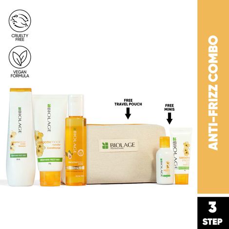 Buy Biolage Smoothproof Home Spa Kit – Shampoo 200ml, Conditioner 98ml, Serum 100 ml, Mini Shampoo 30 ml, Mini Conditioner 20 gm + travel pouch-Purplle