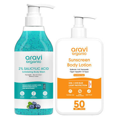 Buy Aravi Organic Body Wash 300 ml & Sunscreen Body Lotion 200 ml Combo of 2| Refreshing Daily Cleanser + Broad Spectrum SPF 50 PA+++ Protection | Hydrates, Nourishes & Shields Skin | All Skin Types, Skincare Kit-Purplle