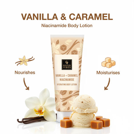 Buy Good Vibes Vanilla & Caramel Niacinamide Hydrating Body Lotion (200 ml) | Deep Moisturising & Skin Barrier Care | Nourishing, Brightening & Smoothening | For Soft, Supple, Glowing Skin | Suitable for Dry Skin & All Skin Types-Purplle