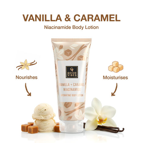 Buy Good Vibes Vanilla & Caramel Niacinamide Hydrating Body Lotion (200 ml) | Deep Moisturising & Skin Barrier Care | Nourishing, Brightening & Smoothening | For Soft, Supple, Glowing Skin | Suitable for Dry Skin & All Skin Types-Purplle