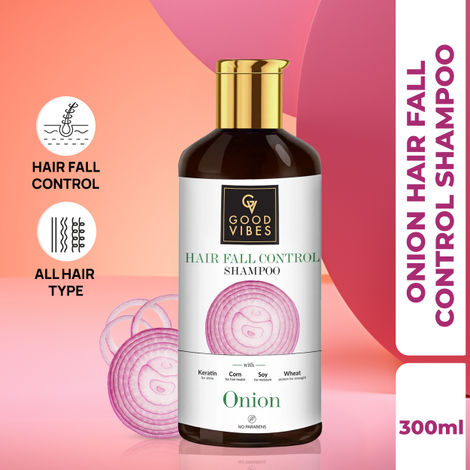 Buy Good Vibes Onion Hairfall Control Shampoo with Keratin, Corn, Wheat Protein & Soy | Strengthening | No Parabens, No Animal Testing (300 ml)-Purplle