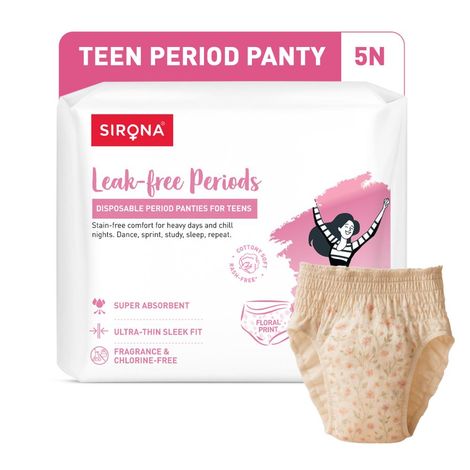Buy Sirona Disposable Teens Period Pants | Period Panty for Teens | Leak-proof Protection | Super Absorbent & Comfortable | Available in Cute Floral Design | Pack of 5-Purplle