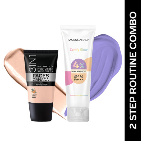 Buy FACES CANADA 2 Step Routine Combo | Comfy Glow Sunscreen - SPF 50 (30 ml) with 4% Niacinamide + Hydra Matte Foundation Mini - Rose Ivory 011 (18 ml) with SPF 30 & Vitamin C | UVA & UVB Protection | Hydrating & Lightweight-Purplle