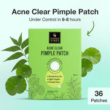 Buy Good Vibes Acne Clear Pimple Patch | Hydrocolloid Patches for Acne & Pimples | Cica, Neem & Salicylic Acid | Absorbs Pus & Oil | Reduces Redness, Shrinks Pimples Fast | Overnight Spot Treatment for Face – 36 Patches-Purplle
