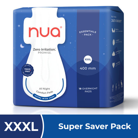 Buy Nua All Night Comfort Sanitary Pads | Pack of 18 (XXXL 400mm) | Extra Wide Core | Front to Back Coverage | Upto 12 Hours of Absorption | Super Soft and Breathable | No Rashes | 100% Toxic-Free-Purplle