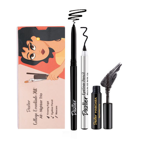 Buy Dazller College Makeup Essentials-3 |Kreamy Kajal + Mascara + EyelinerPencil |MatteFinish |Black, 5.95 gm-Purplle