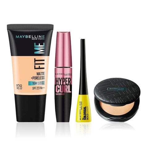 Buy Maybelline Festive Glow Essentials (Pack of 4) : Hypercurl Mascara Black (9.2 ml) + Colossal Bold Pencil Eyeliner Black (3 ml) + Fit Me Matte+Poreless Foundation 128 Warm Nude (18 ml) + Fit Me 16Hr Oil Control Compact 128 Warm Nude (6 gm)-Purplle