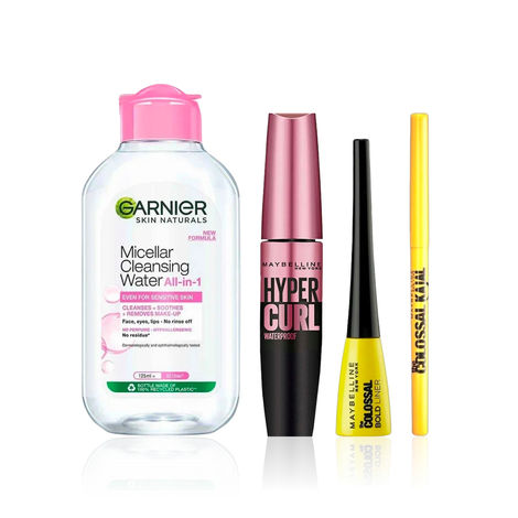 Buy Maybelline Dazzle Kit + Essentials (Pack of 4) : Hypercurl Mascara Black (9.2 ml) + Garnier Micellar Cleansing Water Trial Pack (50 ml) + Colossal Kajal Deep Black (0.35 gm) + Colossal Bold Pencil Eyeliner Black (3 ml)-Purplle
