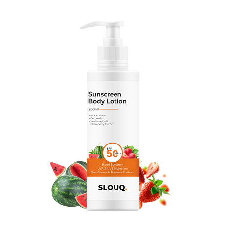 Buy Slouq Sunscreen Body Lotion - SPF 50 - Broad Spectrum - UVA & UVB Protection with No White Cast & Non-Greasy - With Watermelon & Strawberry + Niacinamide & Ceramide- For Men & Women - 200 ml (Pack Of 1)-Purplle